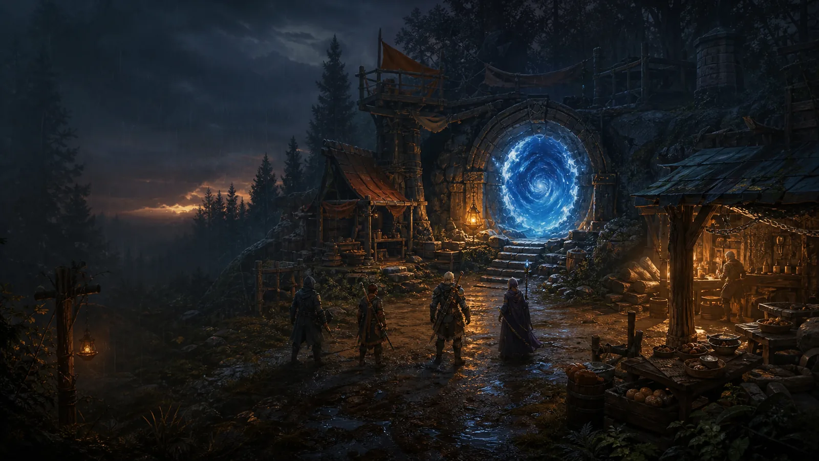 Original illustration of an expedition camp beside a glowing portal